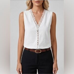 100% Cotton Boho V-Neck Crochet Detail Blouse White
